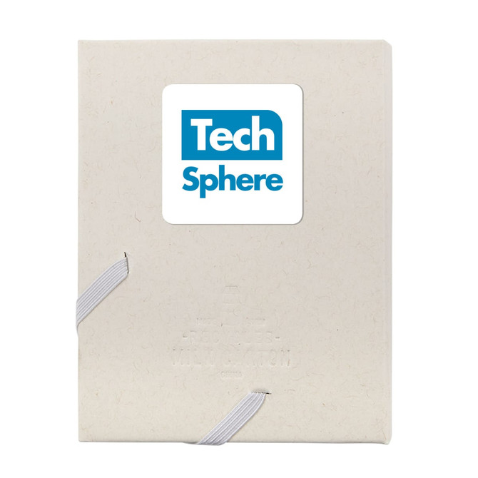 A cream-coloured planner with elastic closure, featuring a logo on the front cover.