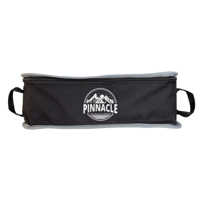 A black storage bag with grey trim and a logo on the front, featuring two carrying handles on the sides.
