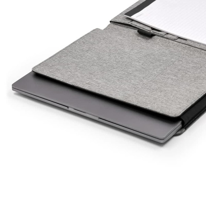 A grey business folio featuring a laptop compartment and space for documents. It has a sleek, minimalist design.