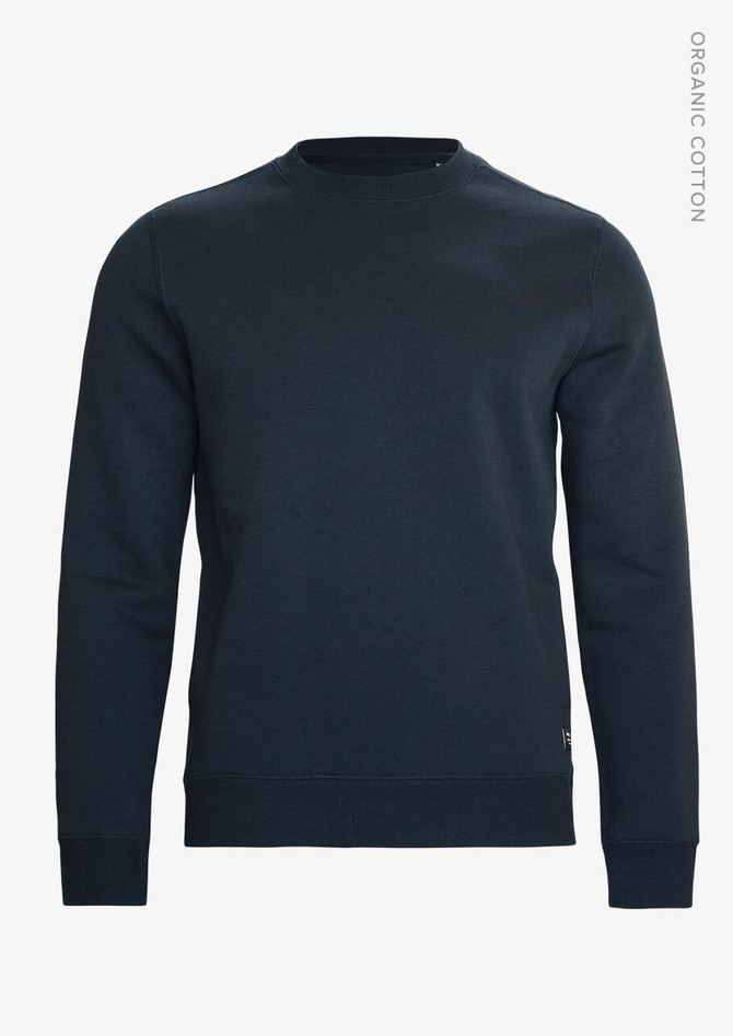 A navy unisex sweatshirt made from organic cotton, featuring a crew neckline and long sleeves.
