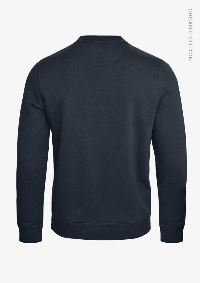 A navy unisex sweatshirt made of organic cotton, featuring a simple design with a logo on the back.