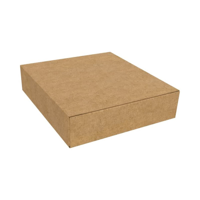 A brown cardboard box with a flat design and a sliding lid, currently closed.