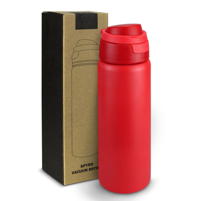 A red vacuum bottle next to its packaging box, featuring a simple design and a lid. The bottle has a logo.