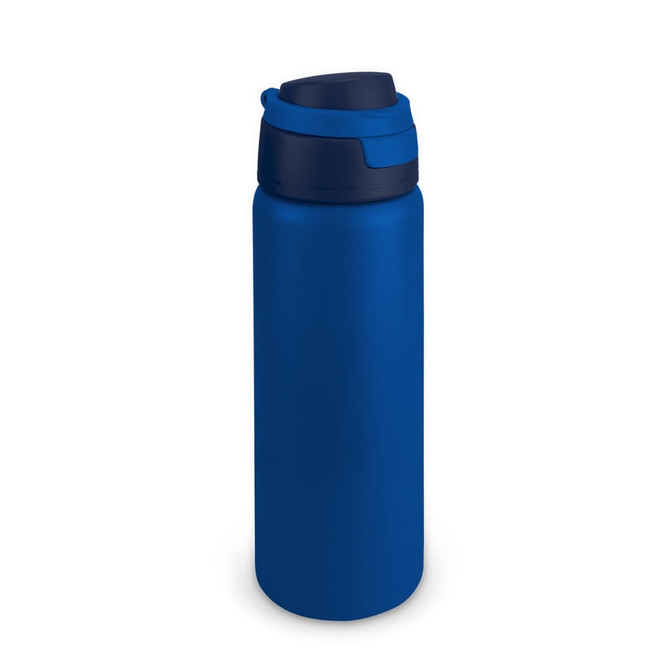 A drink bottle in blue with a dark blue lid. It features a logo on the side.