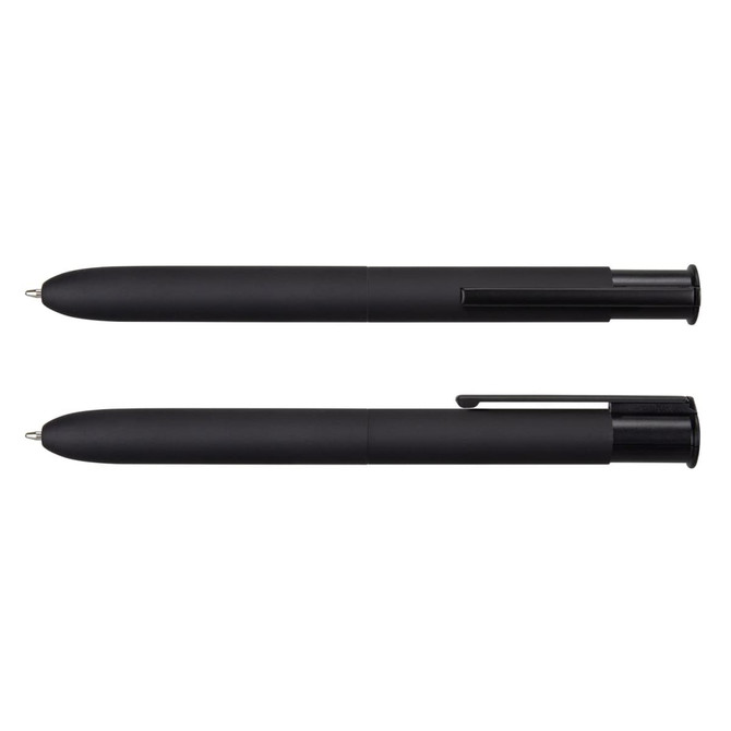 A set of black metal pens, featuring a sleek design and a clip for easy attachment. Branding is visible on the pen.