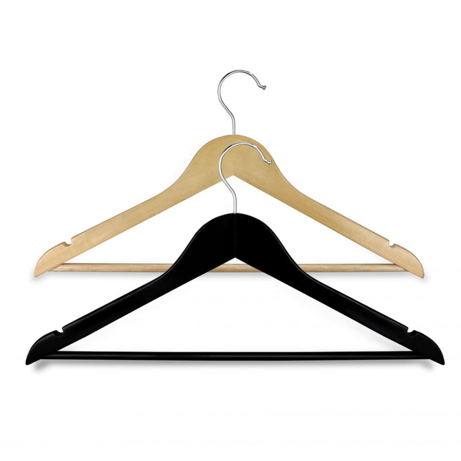 A wooden hanger set featuring a natural wooden hanger and a black hanger, both with metal hooks.