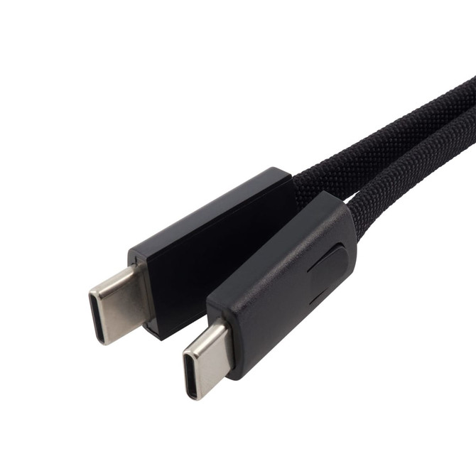 A black braided charging cable featuring two USB-C connectors on each end. It has a sleek design and logo branding.
