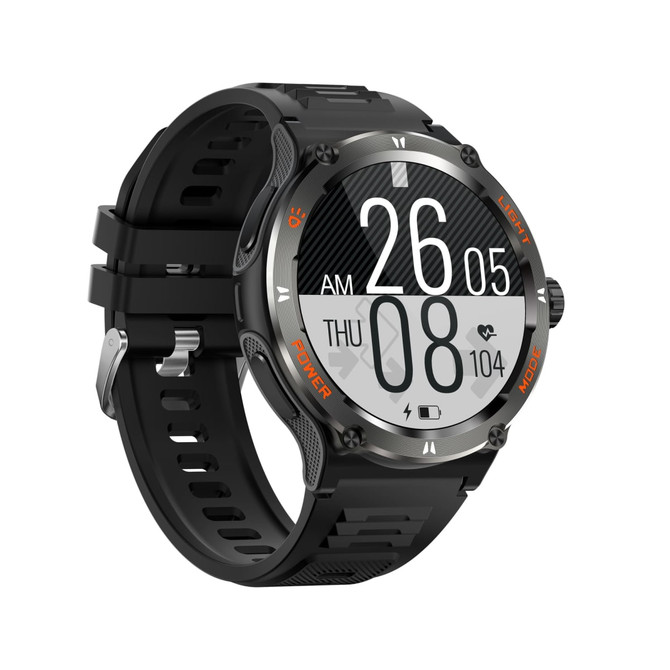 A black smart watch with a round face displaying the date and time, featuring a textured strap and a logo.