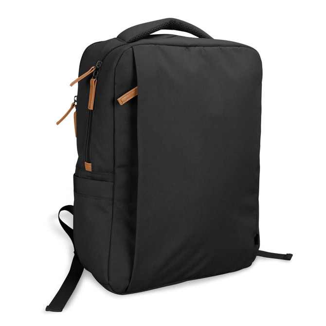 A black daily backpack with a sleek design, featuring multiple zippers and a logo on the front.