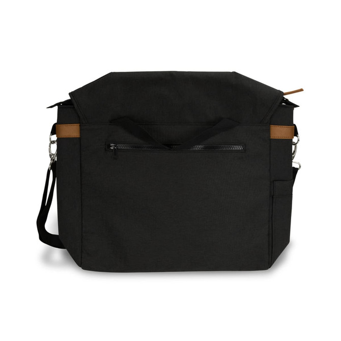 A black messenger bag with brown accents, featuring a zippered front pocket and an adjustable strap.