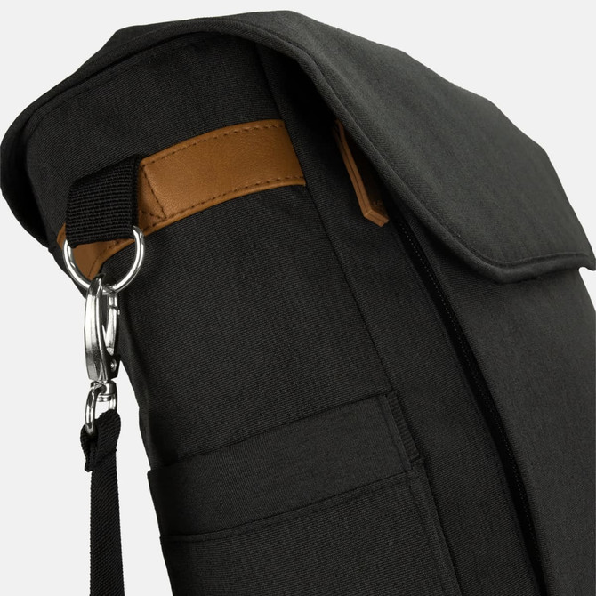 A black messenger bag with a brown strap and silver hardware, featuring a zip and side pocket detail.