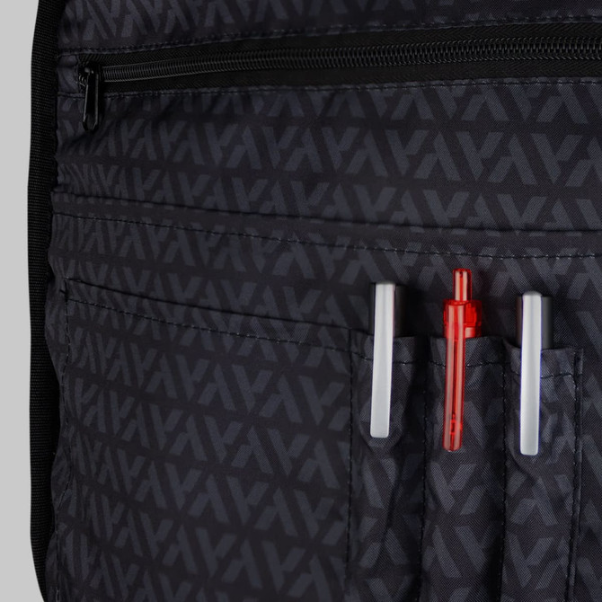A black backpack interior featuring multiple pockets, including three pen holders and a zippered compartment.
