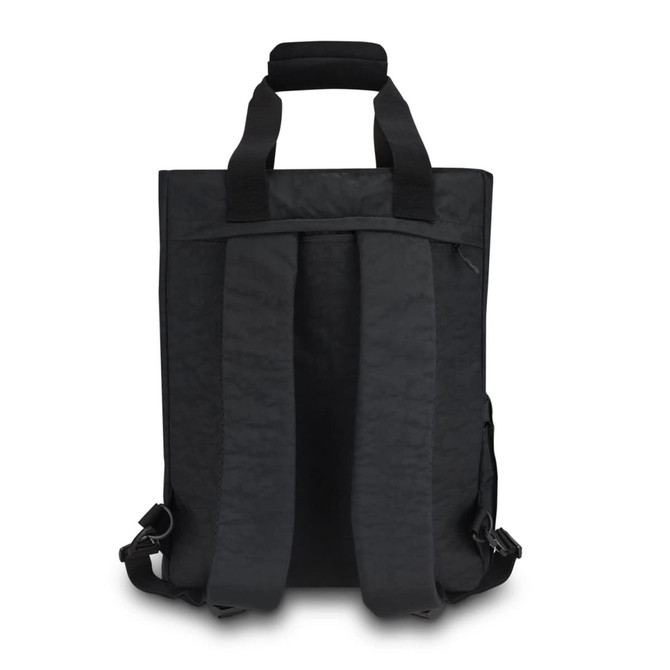 A black backpack featuring two shoulder straps and a top handle, with a sleek, minimalistic design.