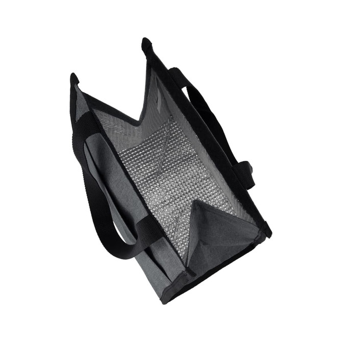 A grey cooler bag with a reflective interior and sturdy handles, featuring a logo on the front. A grey cooler bag with a reflective interior and sturdy handles, featuring a logo on the front.