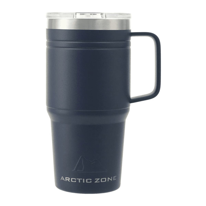 A drink bottle in navy blue with a stainless steel lid and a sturdy handle, featuring a logo.