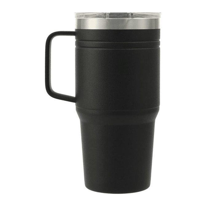 A drink bottle in matte black with a stainless steel lid and a sturdy handle. It includes a logo.
