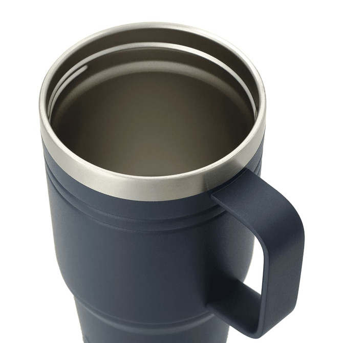 A drink bottle with a navy exterior and a stainless steel rim, featuring a sturdy handle and a simple design.