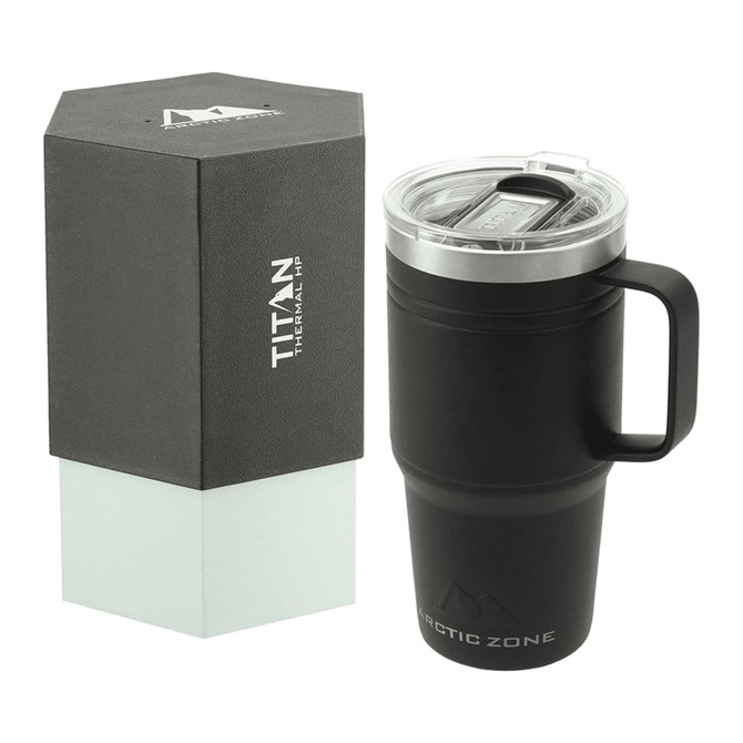 A drink bottle in matte black with a transparent lid, accompanied by its packaging. The bottle features a handle and branding.