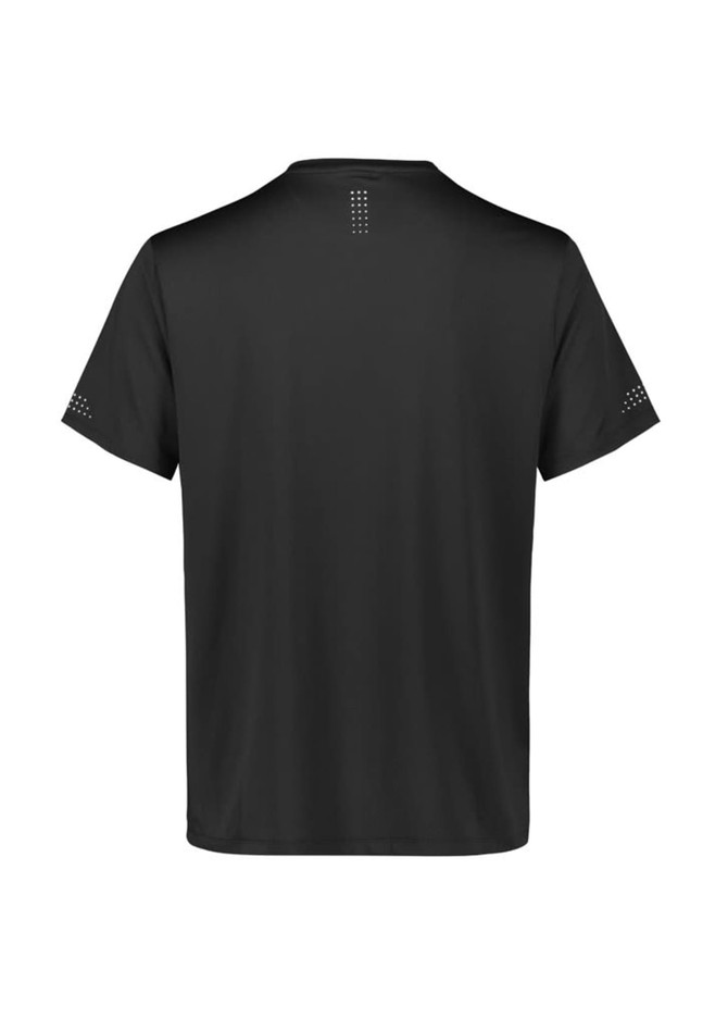 A black short sleeve tee featuring a minimalist design and a logo on the back.