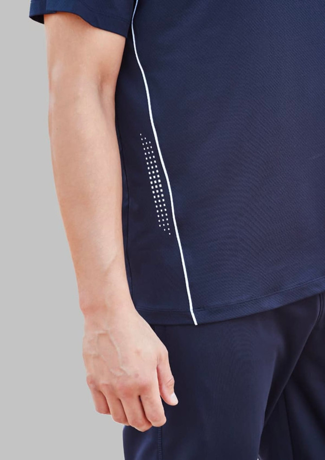 A navy short sleeve tee featuring a subtle white trim and ventilation detail on the side, with a logo present.