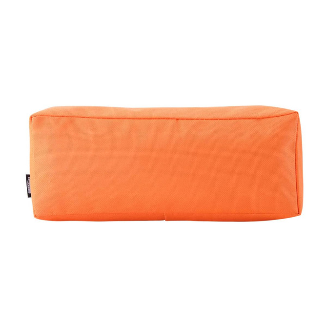An orange rectangular utility case with a smooth fabric texture and a branding logo.