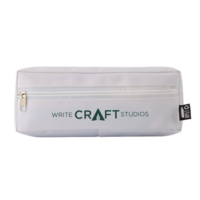 A white utility case with a zip closure, featuring a logo on the front.