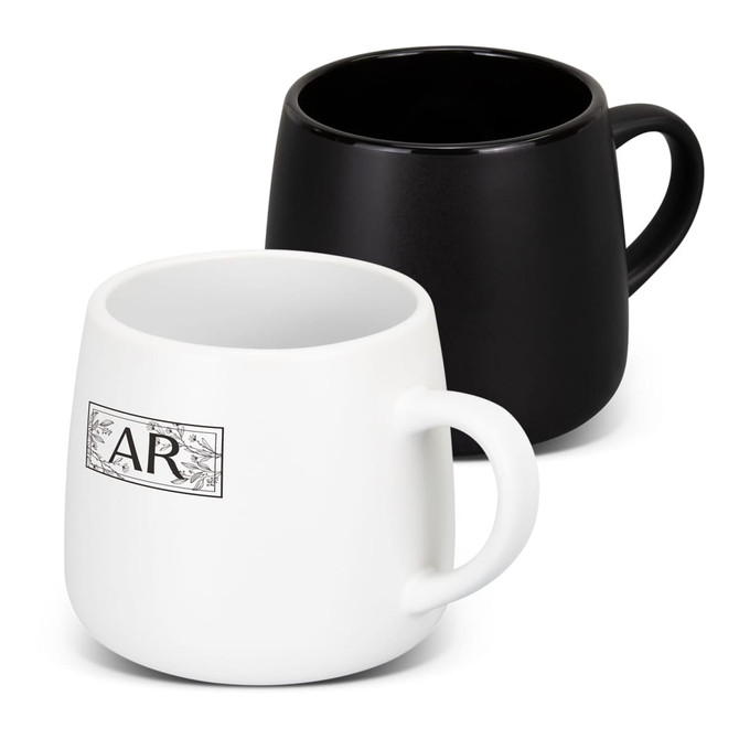 A coffee mug set featuring a white mug with a logo and a solid black mug, both with a rounded shape.