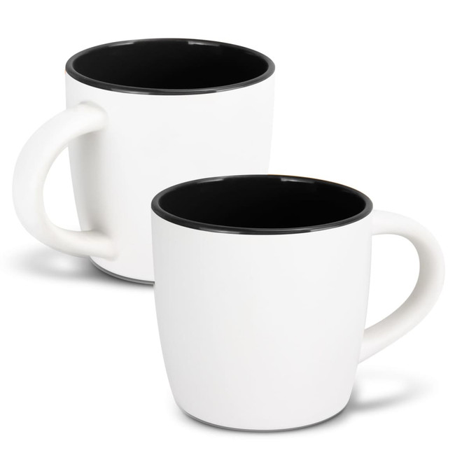 A two-tone coffee mug featuring a white exterior and a black interior, with a smooth handle and a logo.