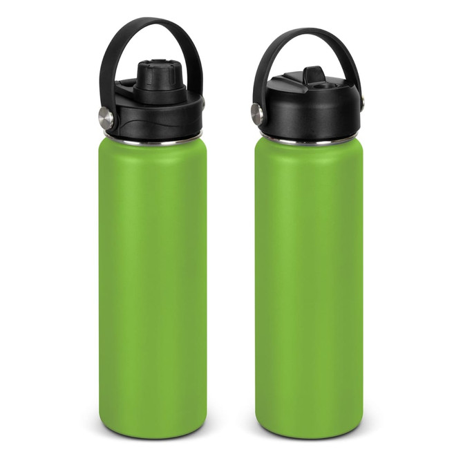 A drink bottle in vibrant green with a black lid and handle, featuring a logo.