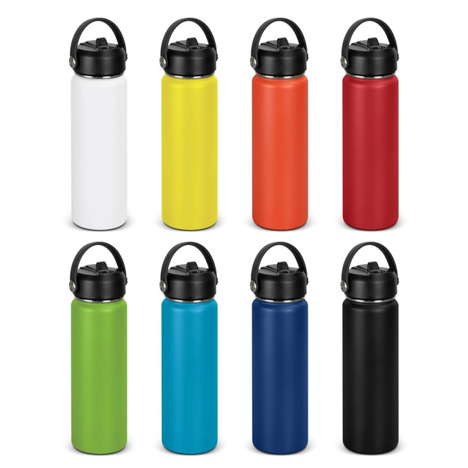 A drink bottle collection featuring white, yellow, orange, red, green, blue, black, and a lone black bottle, each with a handle.