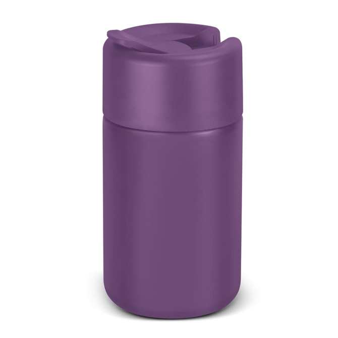 A drink bottle in a solid purple colour with a secure, flip-top lid and a sleek design. It has branding on the surface.