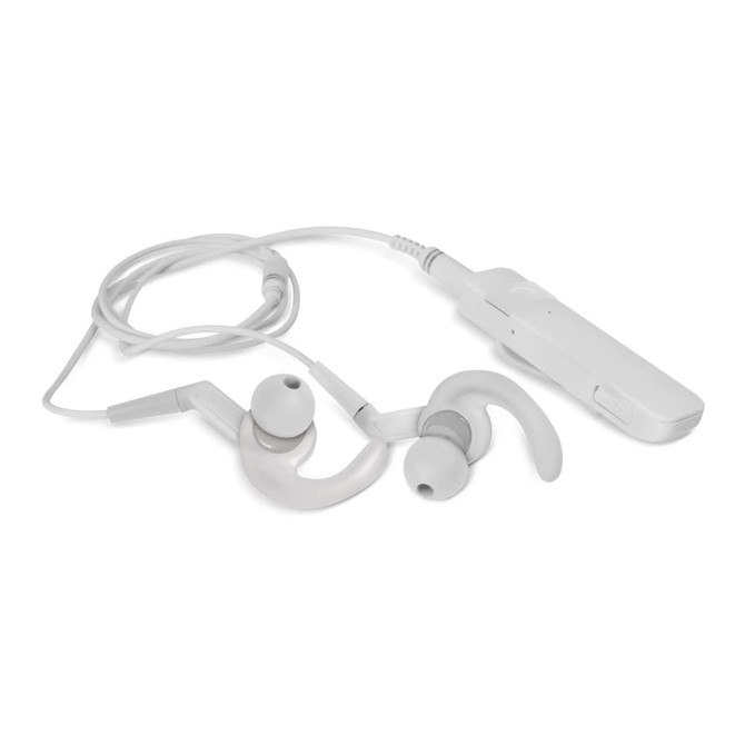 A white Bluetooth receiver with attached ear buds, featuring a sleek design and a small control unit.
