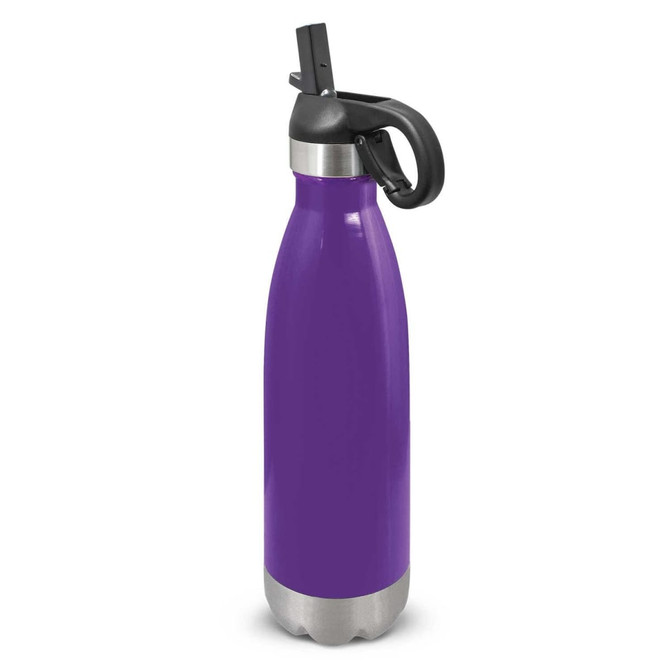 A drink bottle in vibrant purple with a stainless steel base and black flip lid. It features a logo.