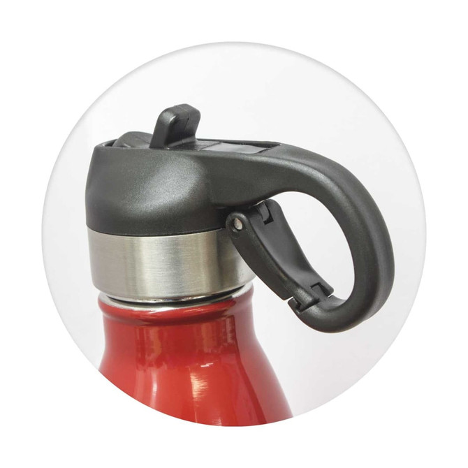 A drink bottle featuring a stainless steel and red body, with a black flip lid and handle for easy carrying.