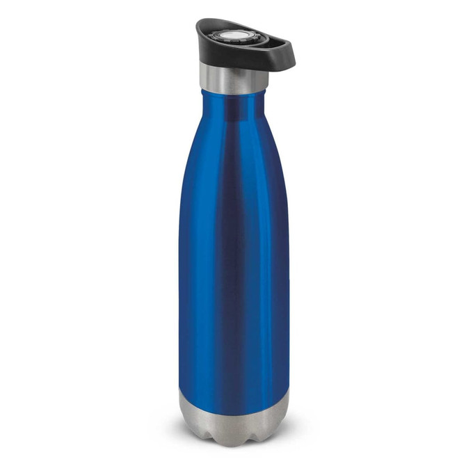 A drink bottle in a shiny blue finish with a push-button lid and a stainless steel base, featuring a logo.