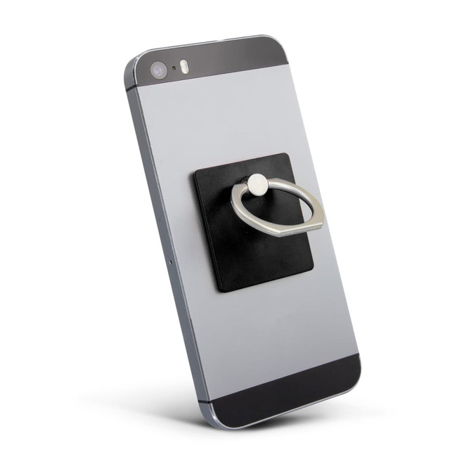 A silver smartphone with a black phone grip attached to the back, featuring a metal ring for easy handling.