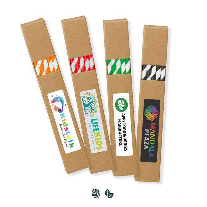Four sets of paper drinking straws in various colours, each packaged in a kraft paper sleeve featuring branding.