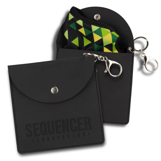 A black key ring pouch with a patterned inner lining and a clip attachment. Features a logo on the front.