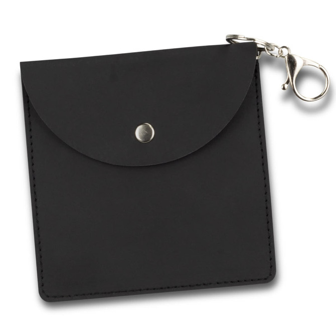 A black key ring pouch with a snap closure and a metal clip for attachment. It features a sleek, minimalist design.