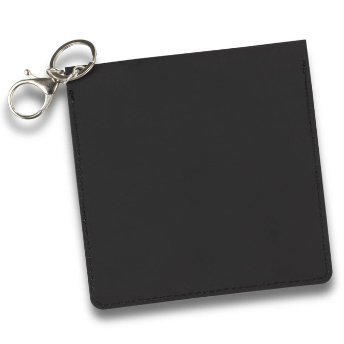 A black key ring pouch featuring a silver clip and a square design. It has a simple and sleek appearance.