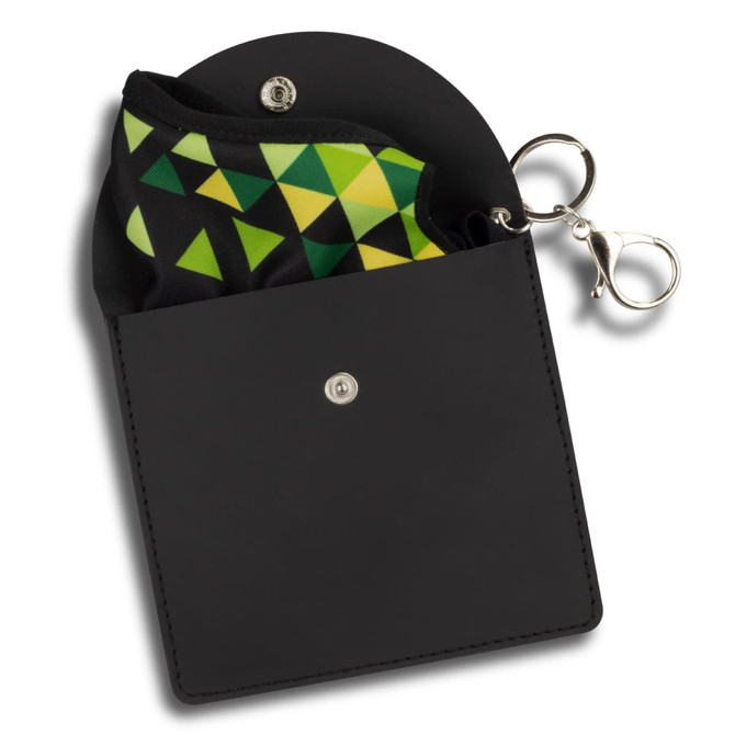 A black key ring pouch featuring a colourful fabric interior with green and yellow triangle patterns. It has a clip attachment.