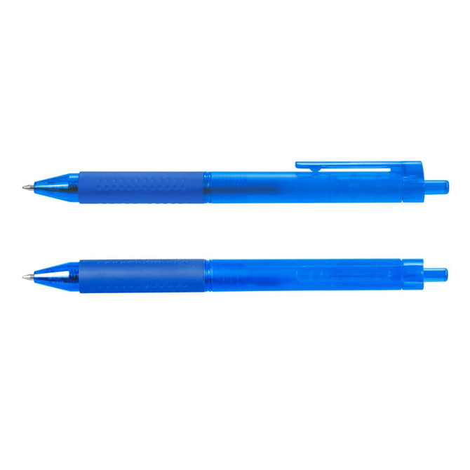 A blue Flow Gel Pen with a textured grip, featuring a clip and a retractable tip. The pen has a logo.