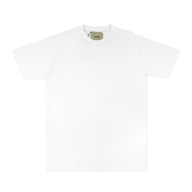 A white essential tee with a round neckline and short sleeves, featuring a logo on the inner label.