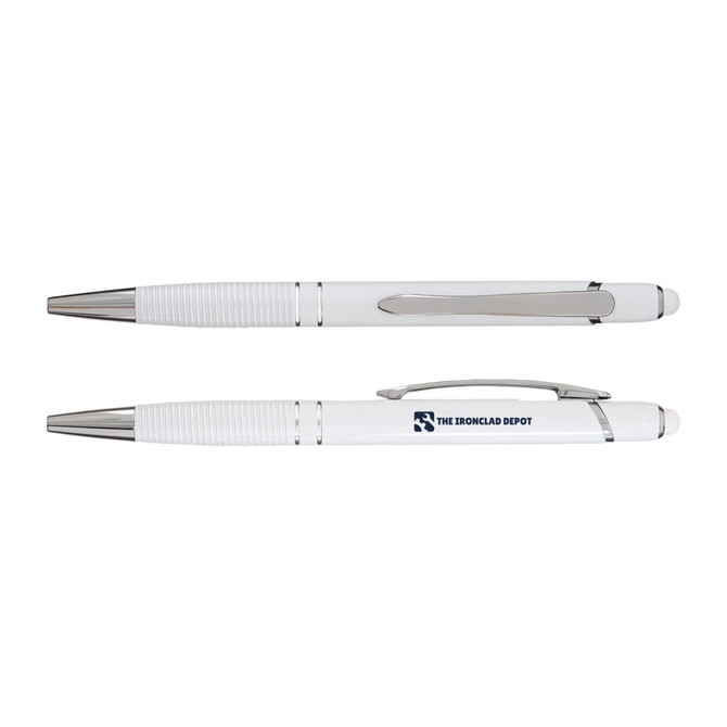 A sleek white aluminium pen with silver accents and a branding logo on the side.