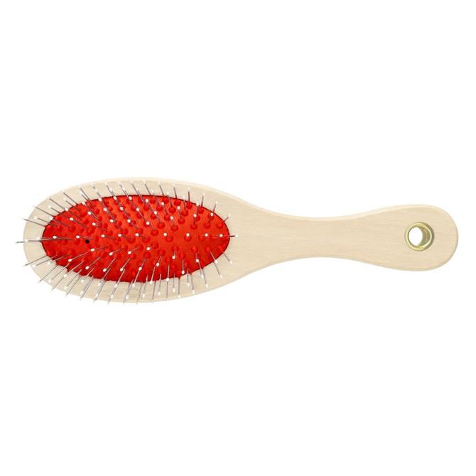 A pet grooming brush with a wooden handle and a red rubber base, featuring metal bristles.