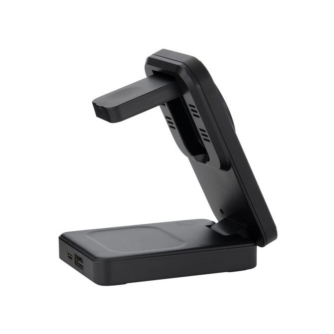 A black, multi-functional charger with a stand, featuring USB ports and a wireless charging pad.