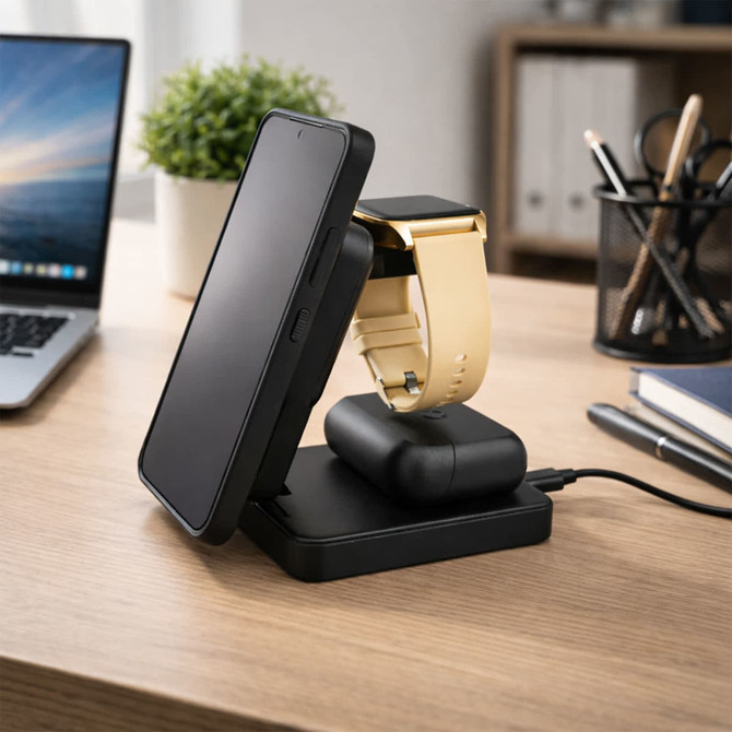 A black three-in-one wireless charger for a phone, smartwatch, and earbuds, set on a wooden desk with a laptop nearby.