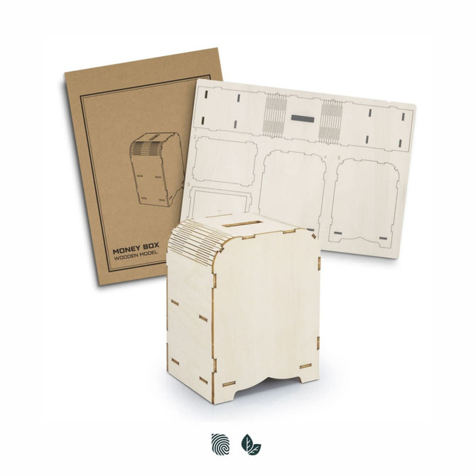 A wooden money box model in natural wood colour, accompanied by a flat pack design template and packaging.