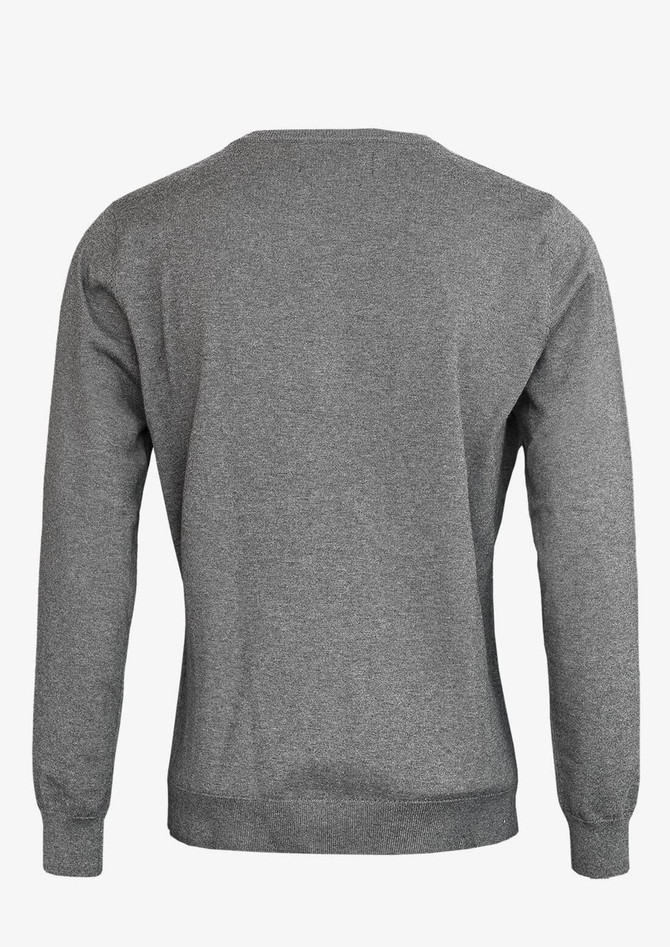 A grey cardigan with a simple design, featuring long sleeves and a rounded neckline, with a logo on the back.