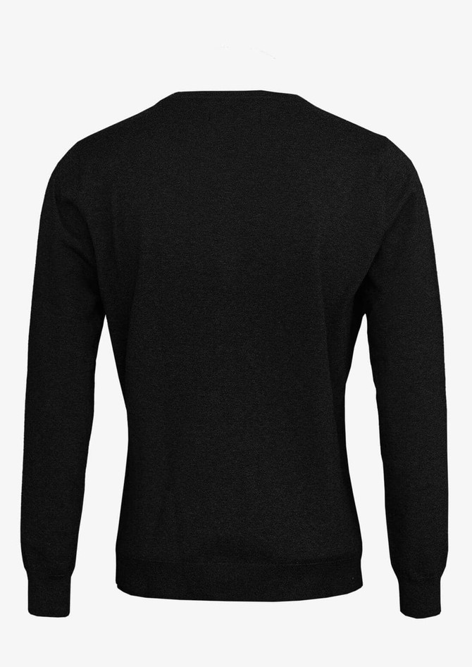 A black women's cardigan with long sleeves and a crew neck, featuring a solid back design.